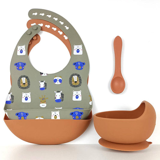 Set siliconen slabbetjes + kom met zuignap en lepel - Leeuw Roest