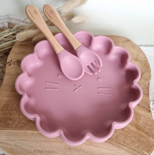 Set silicone Bordje Leeuw + vork en lepel - Poederroze
