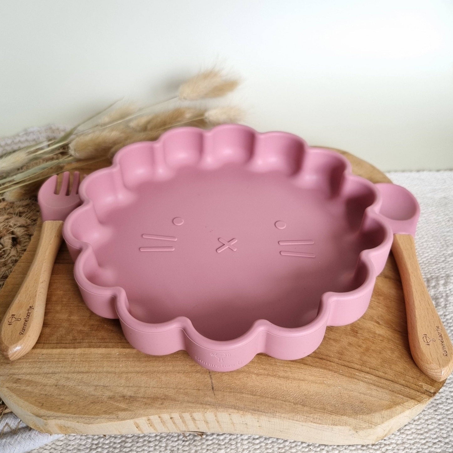 Set silicone Bordje Leeuw + vork en lepel - Poederroze